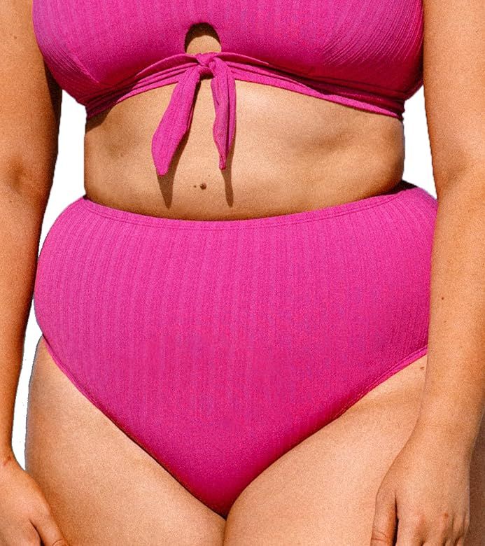 CUPSHE Women Plus Size Bikini Bottom Swimsuit Ribbed Tummy Control High Waisted Bottom | Amazon (US)