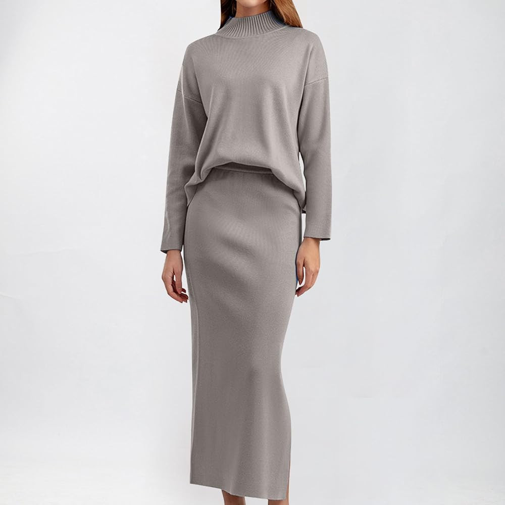hlysgo Women's Two Piece Sweater Skirt Sets Knit Long Sleeve Mock Neck Sweater Tops and Bodycon M... | Amazon (US)