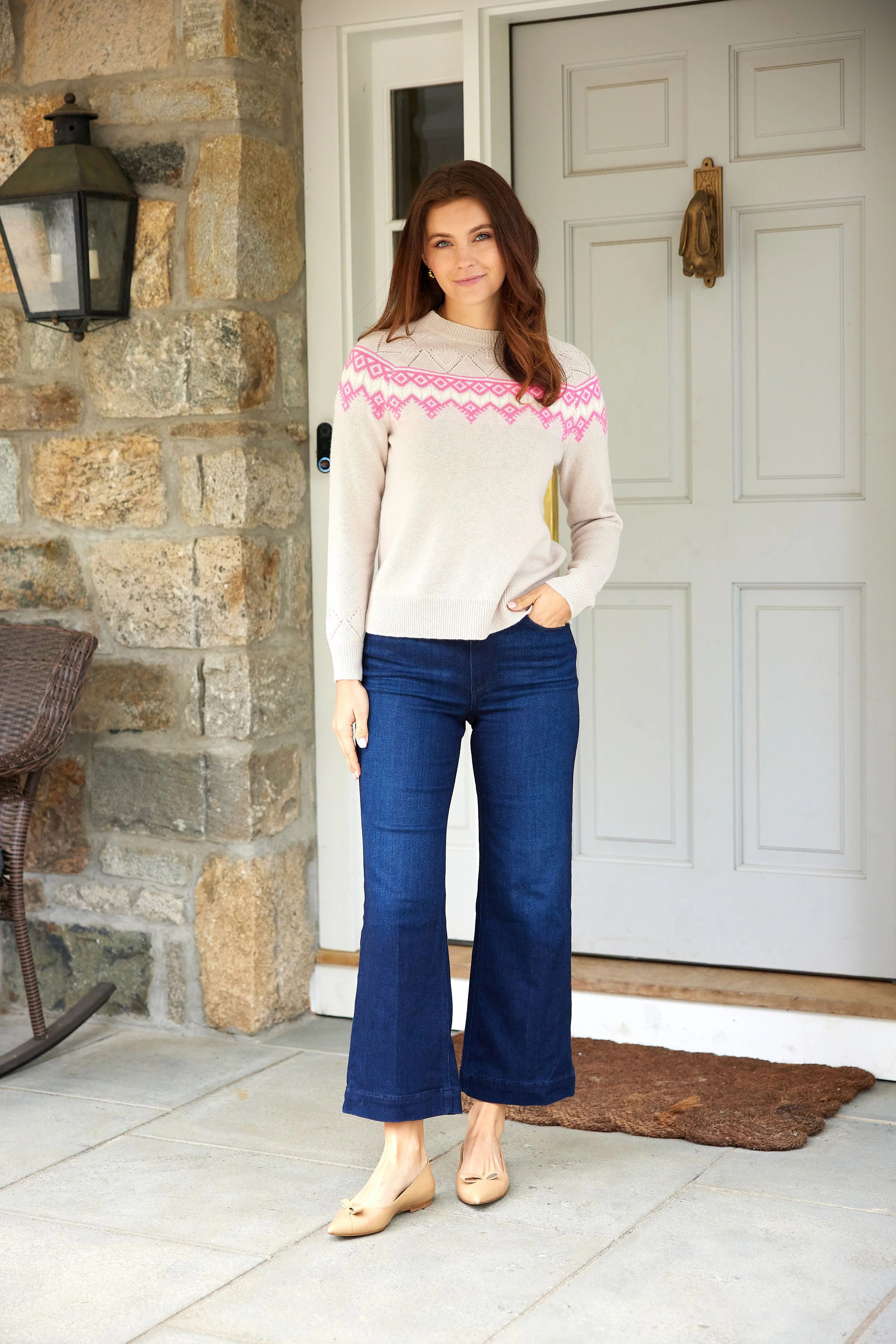 Camel & Hibiscus Fair Isle Crew Neck Sweater | Sail to Sable