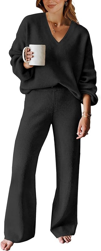 ANRABESS Women's Two Piece Outfits Sweater Sets Long Sleeve V Neck Knit Pullover and Wide Leg Pan... | Amazon (US)