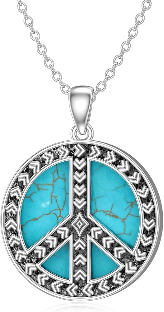 Peace Sign Necklace 925 Sterling Silver Genuine Turquoise Peace Symbol Pendant Western Bohemian J... | Amazon (US)