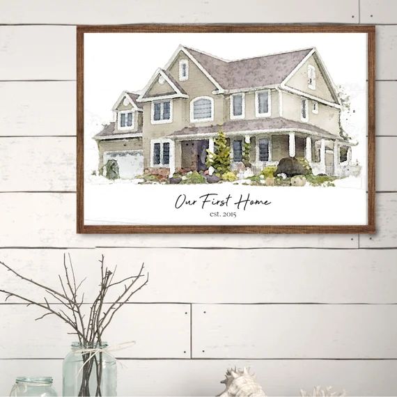 Our First Home Portrait, Watercolor Effect on Canvas with Multiple Frame Color Options and Sizes,... | Etsy (US)