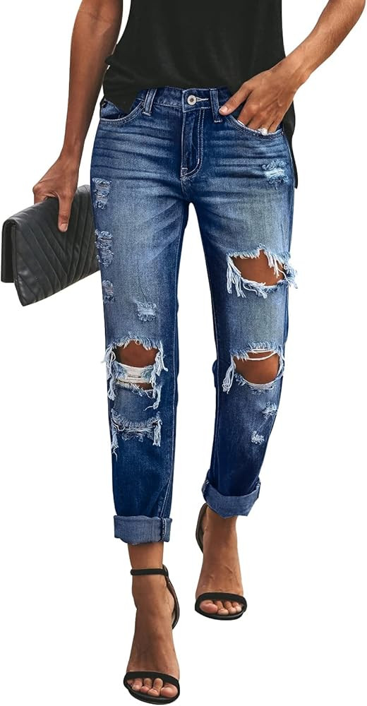 KUNMI Women's Ripped Mid Waisted Boyfriend Jeans Loose Fit Distressed Stretchy Denim Pants | Amazon (US)