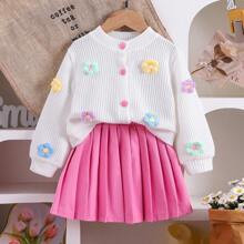 2pcs Young Girl Casual Cardigan Knit Top Jacket With Floral Print Design And Skirt Set, Autumn Outfit | SHEIN