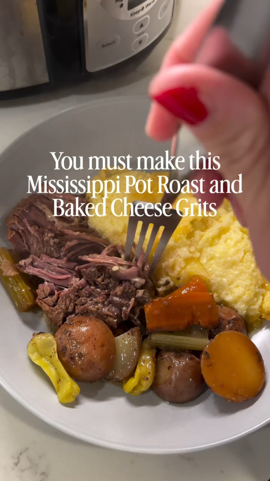 SAVE! Recipe in the caption!👇🏻

Mississippi Pot Roast and Baked Cheese Grits is a meal you will want again and again! My friend Sarah made this for me over 10 years ago and thankfully shared the recipe with. I’ve been making it ever since!
I got my chuck roast from Publix and I used McEwen and Sons grits. I can’t link either here. Delicious crockpot recipe 

ROAST
1 (2-3lb roast)
1 cup water
1/3 cup white vinegar
1 pack au jus gravy mix
1 pack of Italian dressing mix
1/2 jar of pepperoncini peppers + a little juice
1 stick of butter
Carrots, potatoes, and celery- optional but I say don’t skip it!

1. Place meat in crockpot and punch holes with fork 
2. Add chopped vegetables here if you’re using them
3. Mix vinegar with water, gravy mix and Italian dressing mix
4. Pour over roast (and vegetables)
5. Place peppers on top with a little of their juice. 
6. Add stick of butter on top of roast.
7. Cover and cook on low for 8 hrs.
**if liquid cooks down too much add a little water
8. Pull meat apart and serve.

Baked Cheese Grits
4 1/2 cups of water, divided
1 tsp salt
1 cup quick cooking grits
1/2 cup butter 
1 block pepper jack cheese, shredded
2 eggs, beaten 

Preheat oven to 350
1. Bring 4 cups of water to a boil in a medium pot. 
2. While you wait for water to boil:
-shred your cheese
-cut butter into 1 inch pieces so it melts easily
-beat two eggs and add remaining 1/4 cup water to them
3. Once water is boiling, stir in salt and grits. Reduce heat to low and let grits cook for about 2 minutes, stirring often.
4. Add butter and cheese to grits, stirring to combine and melt.
5. Remove pot from heat.
6. Dip out 2-3 large spoonfuls of grits and add to egg until mixed. This warms the egg and keeps it from scrambling when added to large pot of hot grits.
7. Now pour eggs into pot of grits.
8. Pour all into a 9x13 baking dish. Cook uncovered on 350 for 1 hr.

Serve with roast.