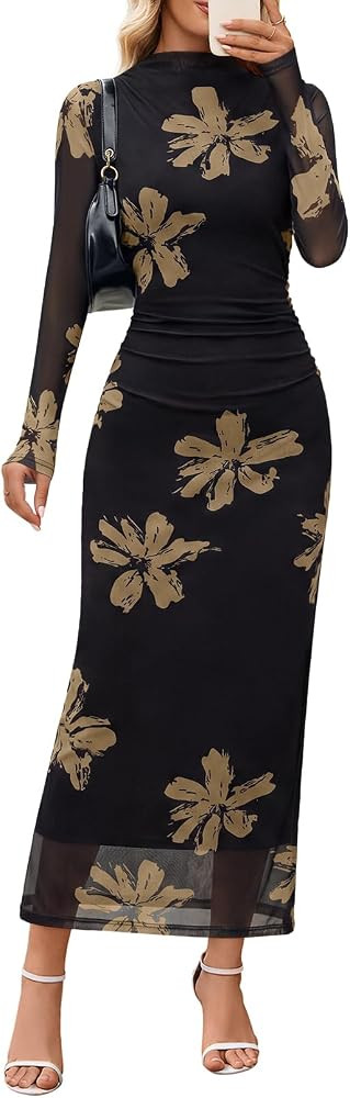 MEROKEETY Womens Fall Long Sleeve Floral Wedding Guest Maxi Dress | Amazon (US)