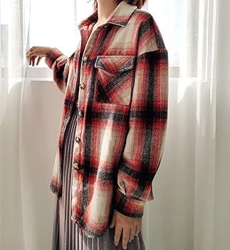 Plaid Shacket Womens Oversize Button Down Long Sleeve Wool Plaid Shacket Jacket for spring fall w... | Amazon (US)