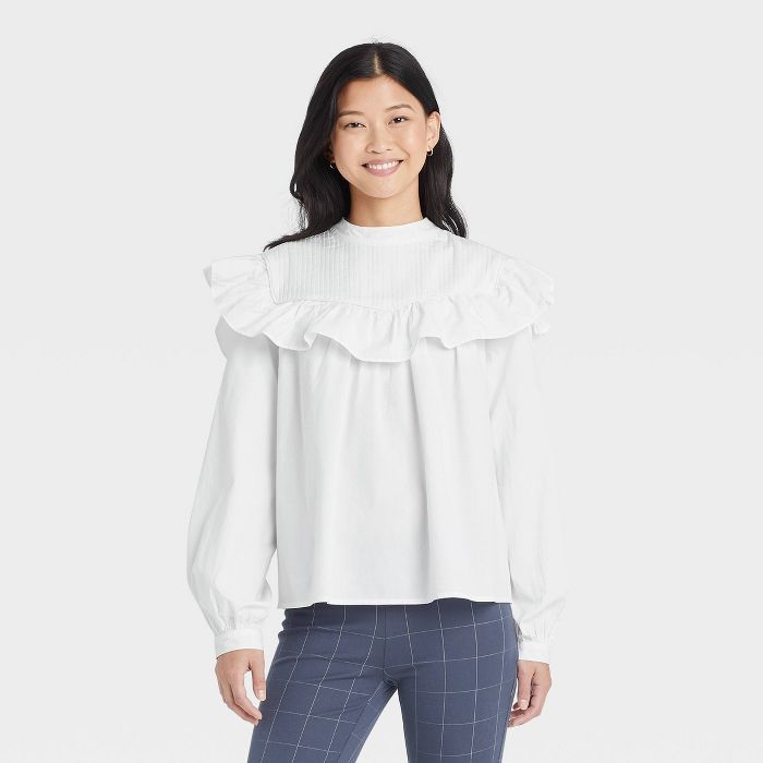 Women's Long Sleeve Ruffle Yoke Top - A New Day™ | Target