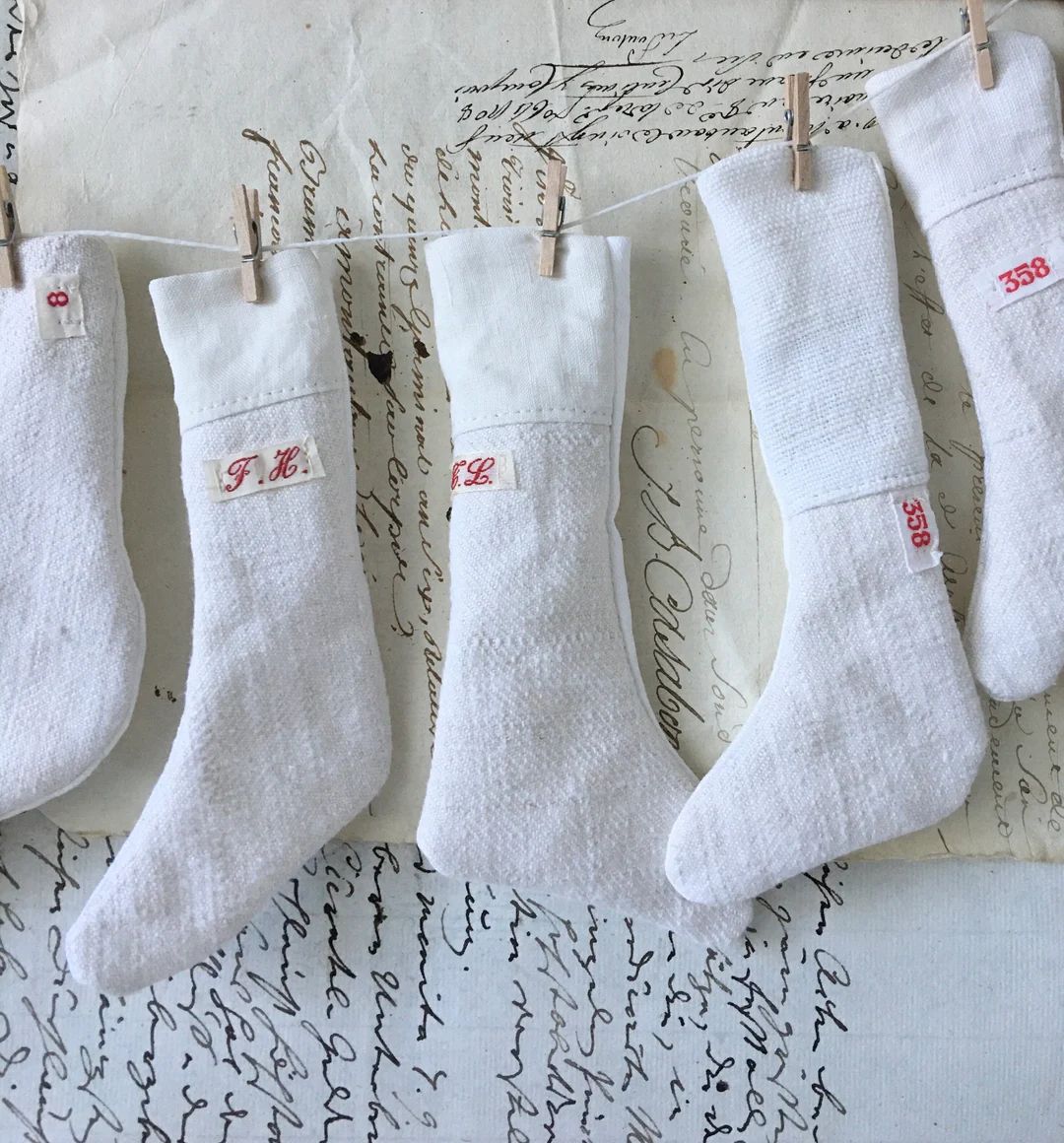 Antique French Linen Tiny Christmas Stockings - Etsy | Etsy (US)