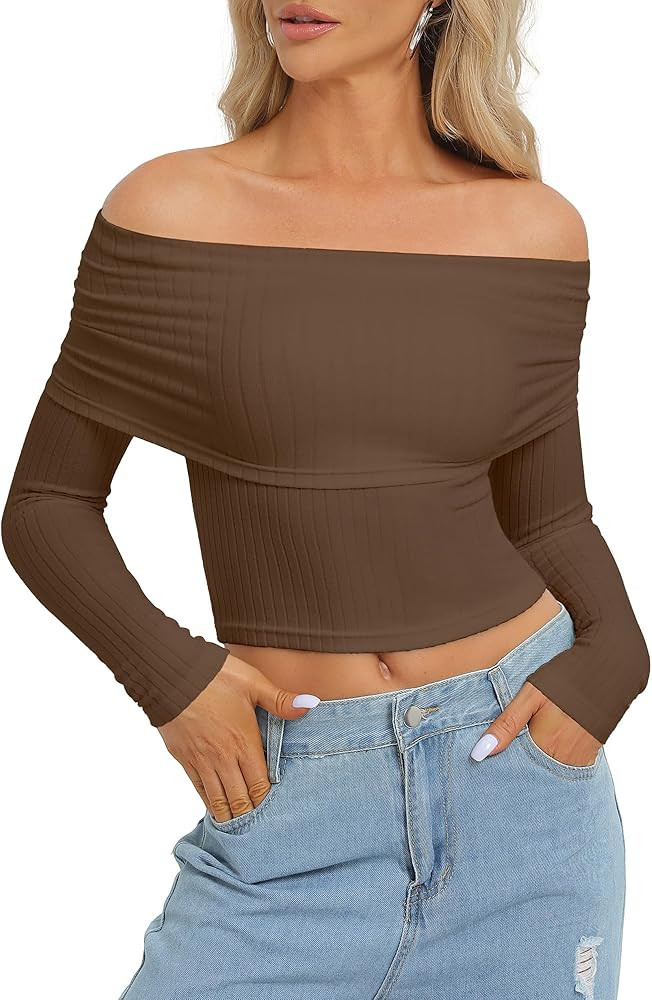 Long Sleeve Shirts for Women Off Shoulder Tops Going Out Crop Sexy Fall Outfits 2024 Trendy Ribbe... | Amazon (US)