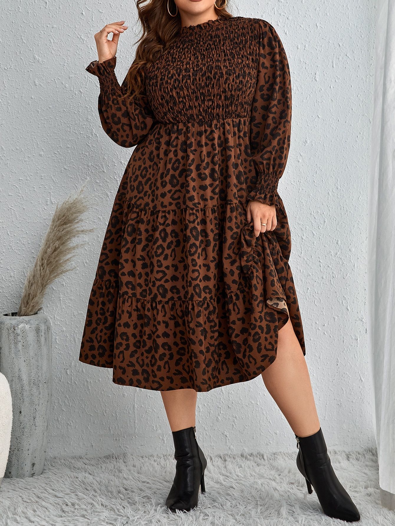 SHEIN LUNE Plus Leopard Print Lantern Sleeve Dress | SHEIN