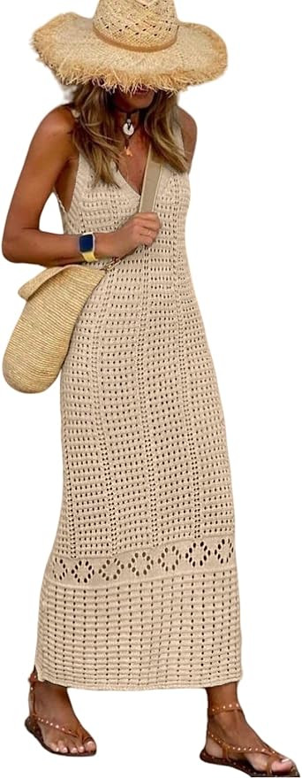SISKIN Women's Long Crochet Beach Cover Ups Swimwear Mesh Bathing Suit Sexy Beach Maxi Sleeveless... | Amazon (US)