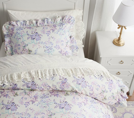 LoveShackFancy Lavender Damask Ruffle Organic Duvet Cover & Shams | Pottery Barn Kids