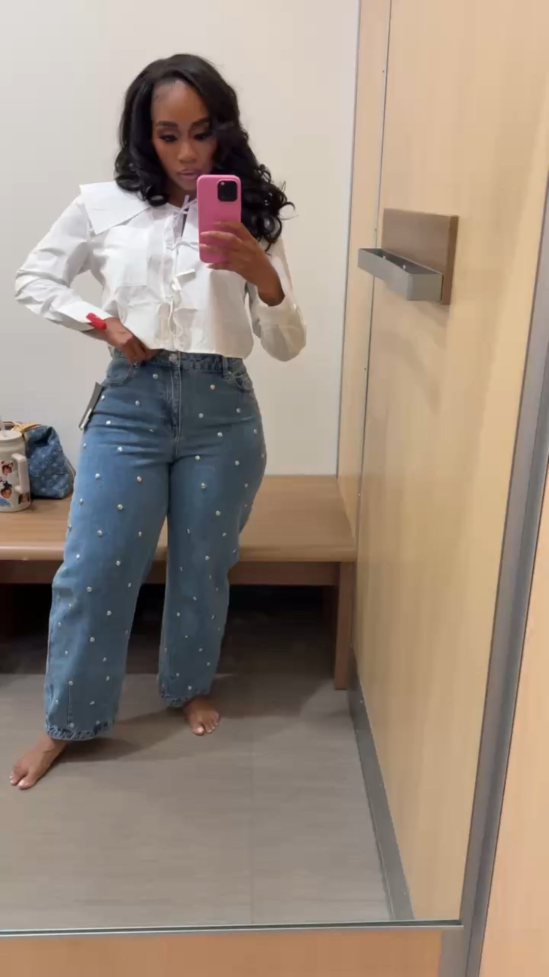 Studded jeans paired with a cropped tie-up collar top! Elevated casual style inspo!

#LTKMidsize #LTKFindsUnder100 #LTKootd