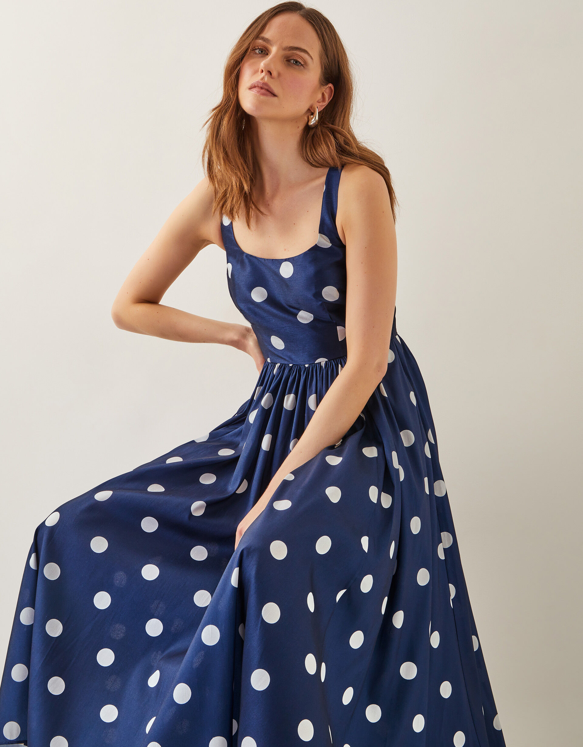 Sicily Polka Dot Fit & Flare Midi Dress Blue | Monsoon (UK)