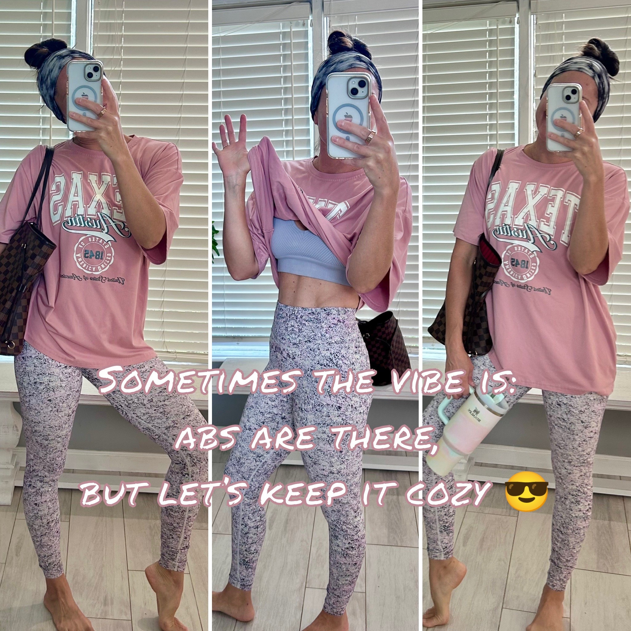 POV: The abs are abbing but the tee is still oversized 😎 Medium in both the Fabletics leggings + this Amazon graphic tee 🙌 Linked my go-to leggings + oversized tees because comfort is always the real flex ✨ Of course, always with my Stanley & Louis in hand 💕 #momuniform

#LTKFindsUnder50 #LTKActive #LTKItBag