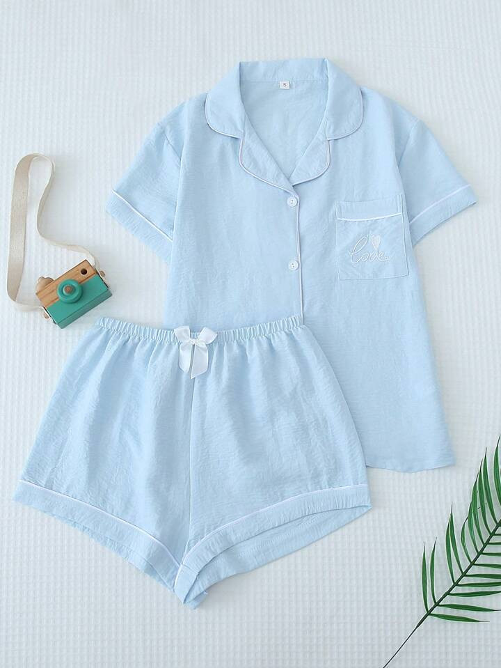 Women's Summer Piping Color Short Sleeve Lapel Button Up Top And Bowknot Shorts Pajama Set For Home | SHEIN