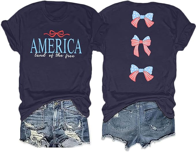 MNLYBABY America Shirts for Women Cute Patriotic Bow Shirt 4th of July Tshirt America Flag Bow Te... | Amazon (US)