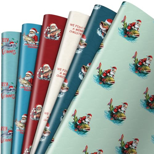 Watersay 12 Pcs Fishing Christmas Wrapping Paper Funny Santa Christmas Wrapping Paper Santa Fishermen Gift Wrap for Xmas Holiday Party Decoration craft | Amazon (US)