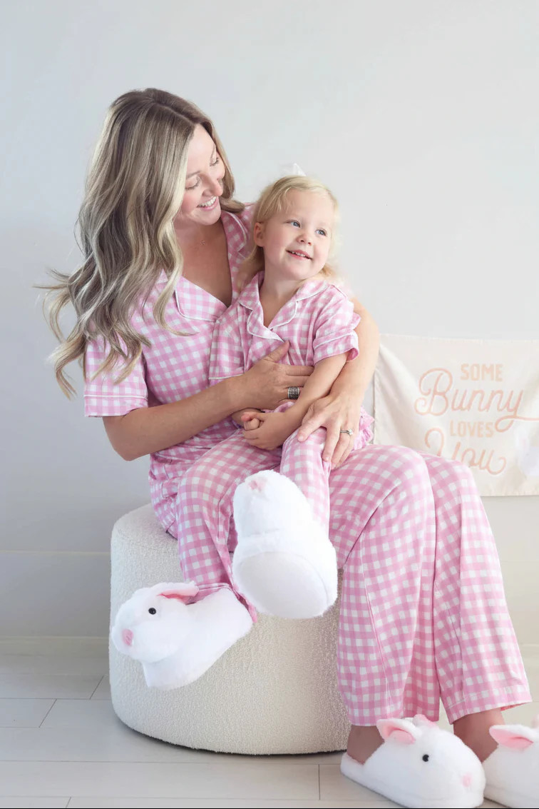 Women's Two Piece Flare Lounge Set | Pink Gingham | Caden Lane