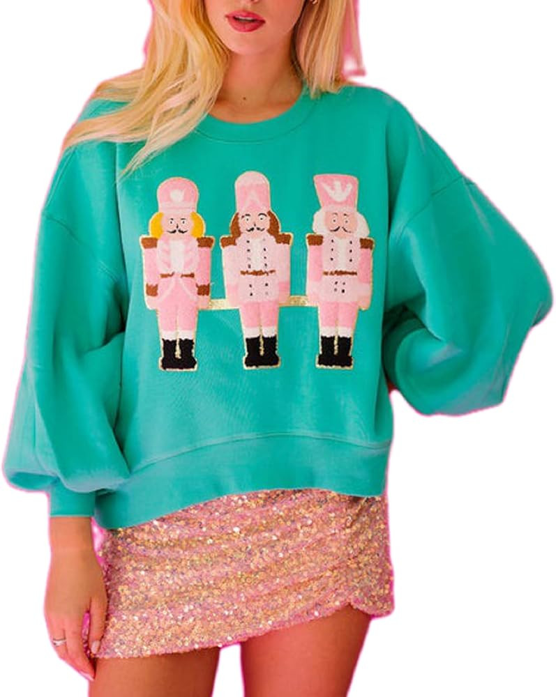 KMBANGI Women Cute Santa Sweatshirt Christmas Sparkly Sequin Print Shirt Crewneck Long Sleeve Pul... | Amazon (US)