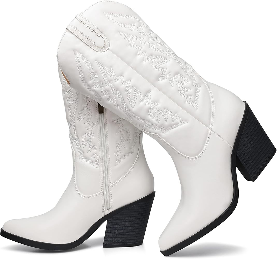 SHIBEVER Cowgirl Boots for Womens Western: Cowboy Pointy Toe Chunky Heel Embroidered Mid Calf Boo... | Amazon (US)