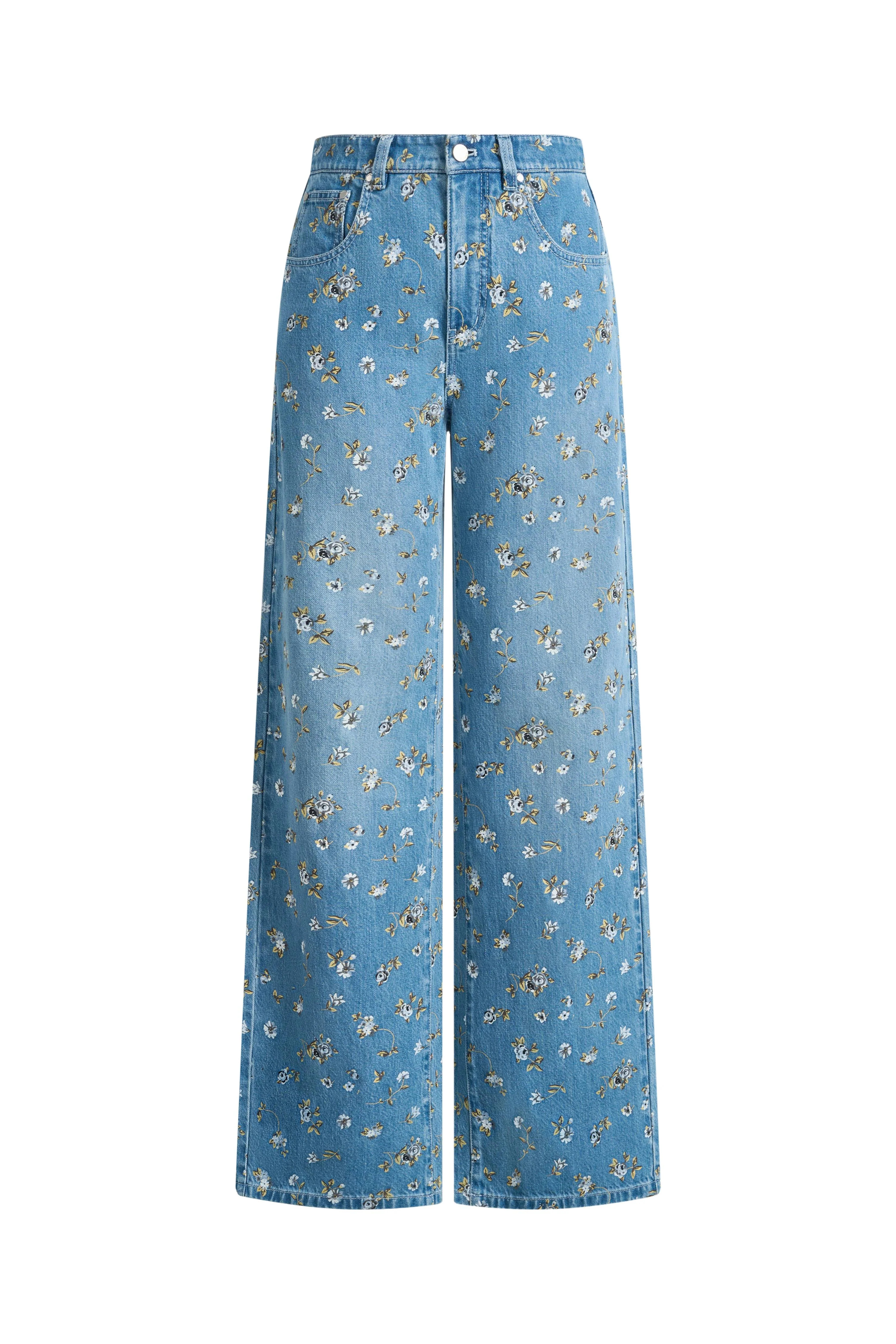 Dorel Floral Print Straight Leg Jeans in Linen Blend Denim | Fabrique