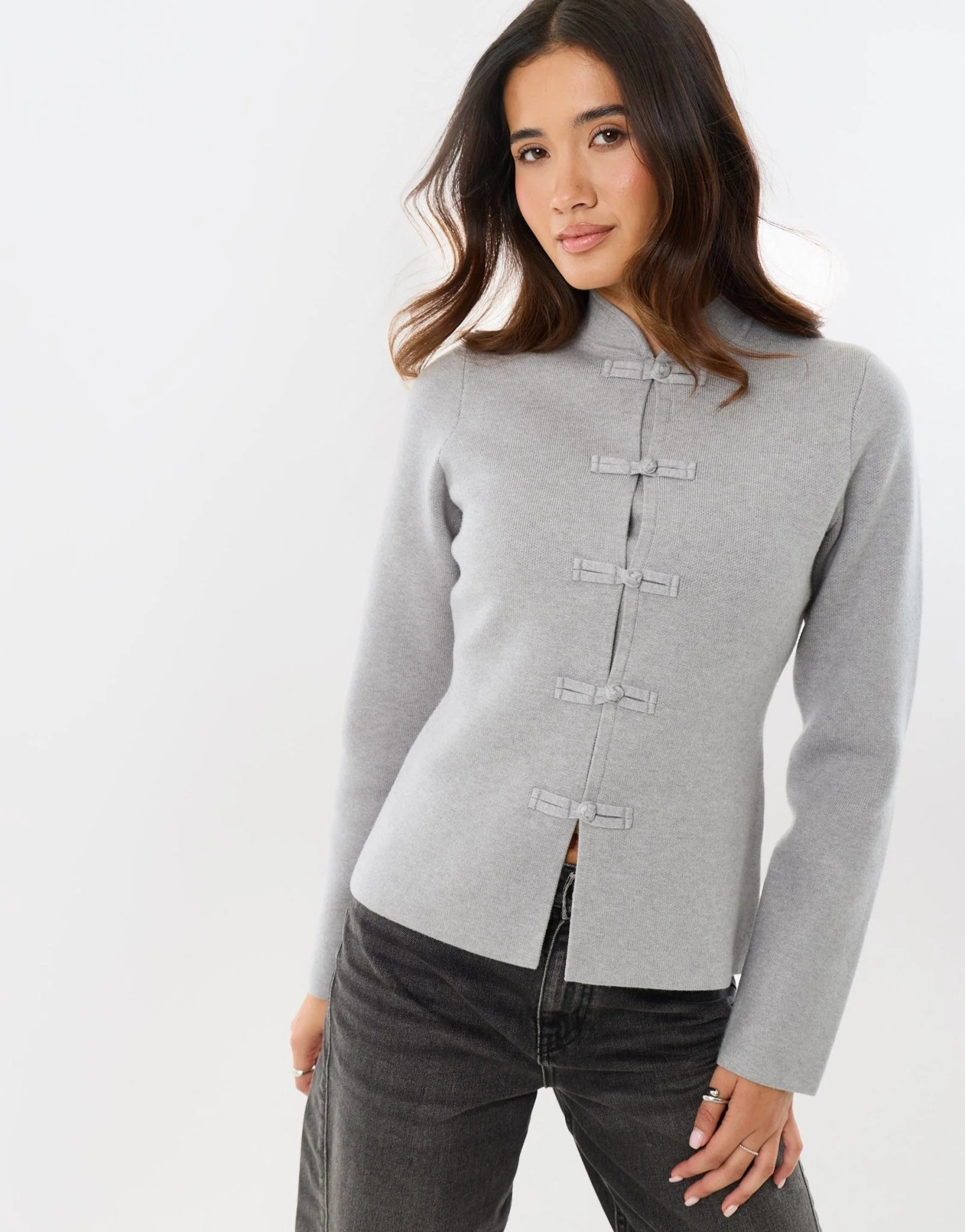 Mandarin Style Knitted Cardigan in Grey | Threadbare UK