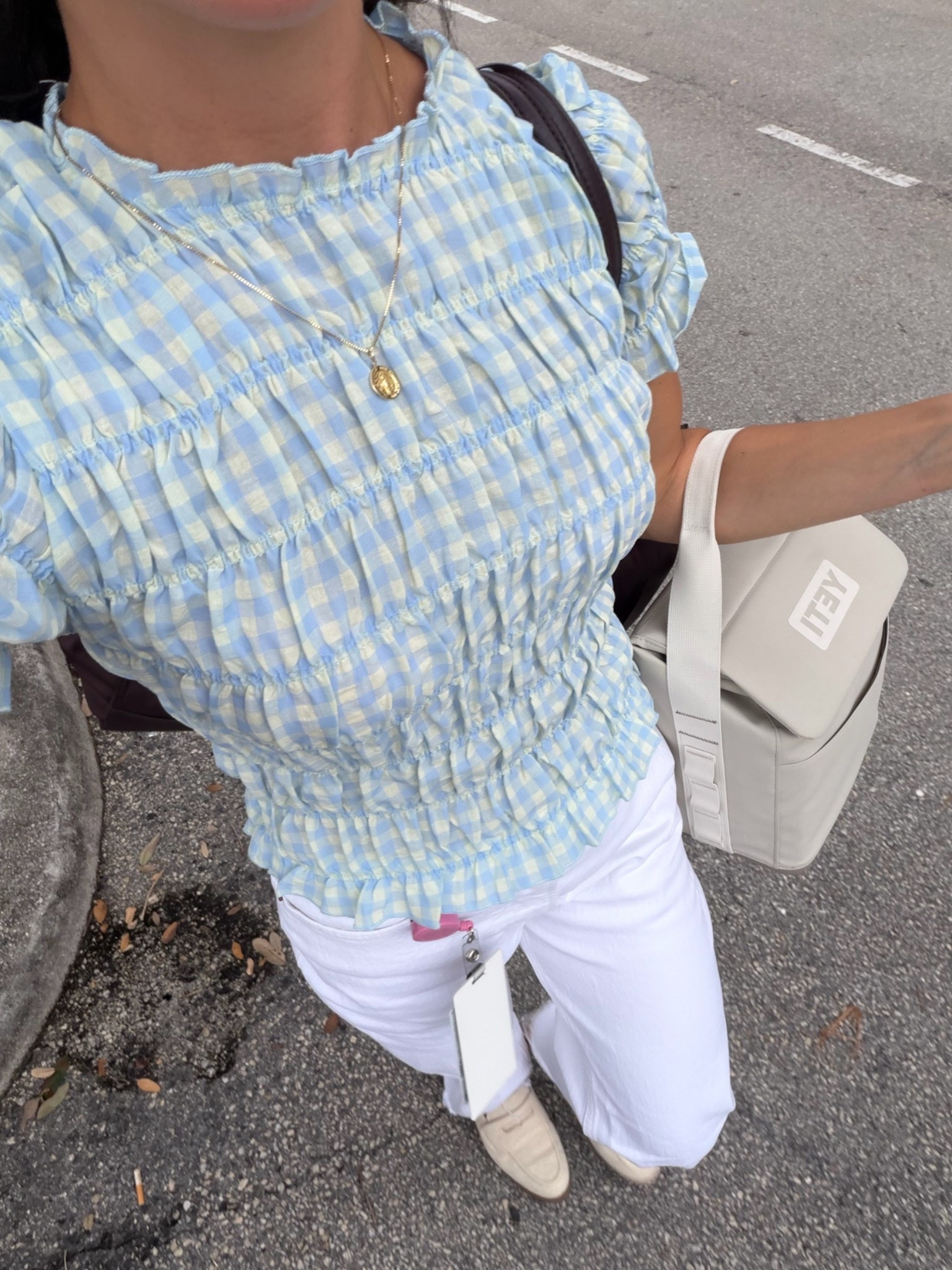 Spring work ootd! White denim from @abercrombie smocked tee from @Lulus

#LTKootd #LTKWorkwear #LTKSeasonal