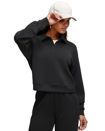 G4Free Sweatshirts for Women Loose Fit Long Sleeve Polo V Neck Button Up Pullover Casual Tops (Black,XXL) | Amazon (US)