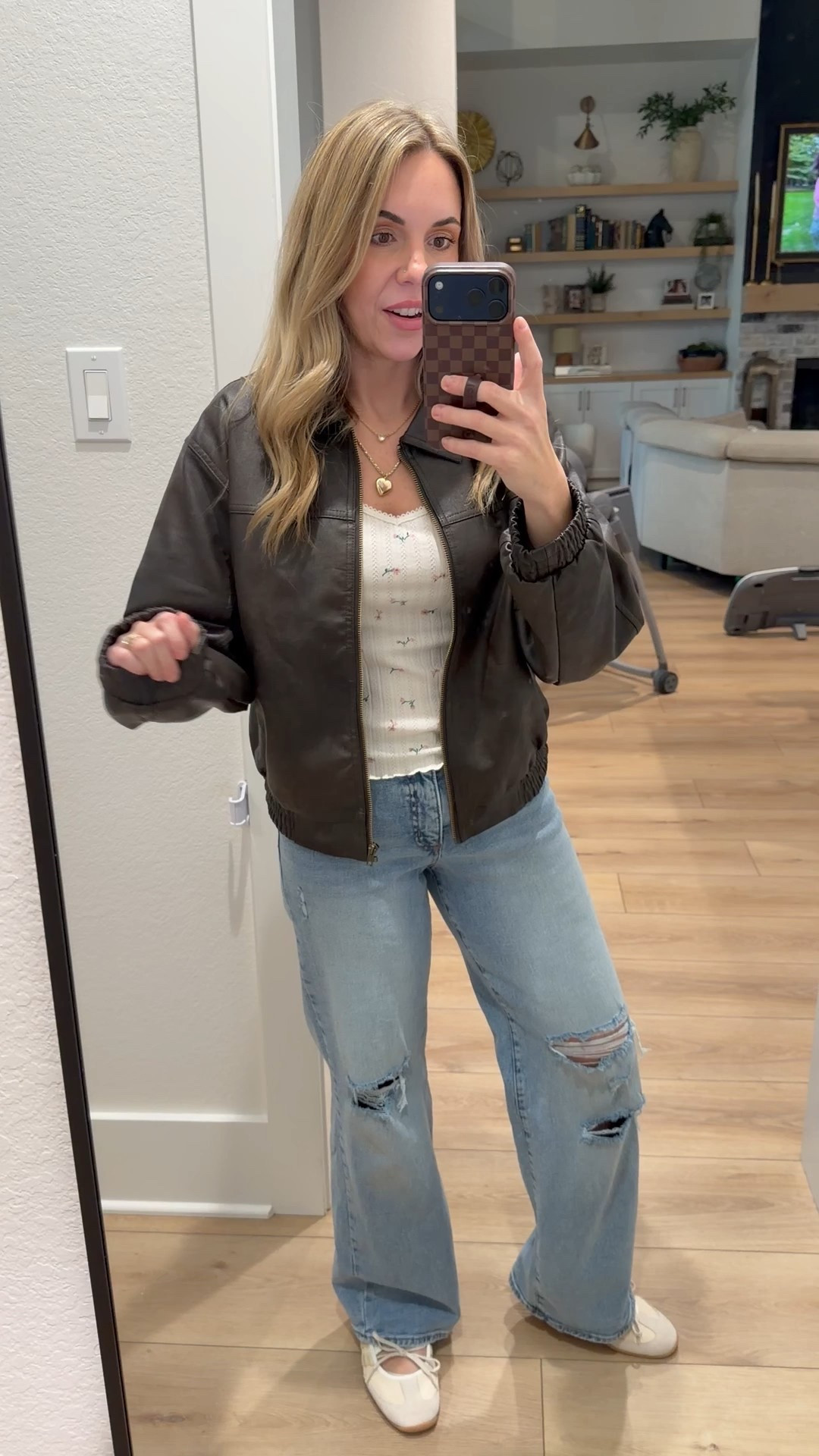 Loopy discount: WIFEONADIME 
leather jacket is tts and this is the brown one. I sized down in the loose fit jeans. Walmart finds. Walmart fashion.  

#LTKootd