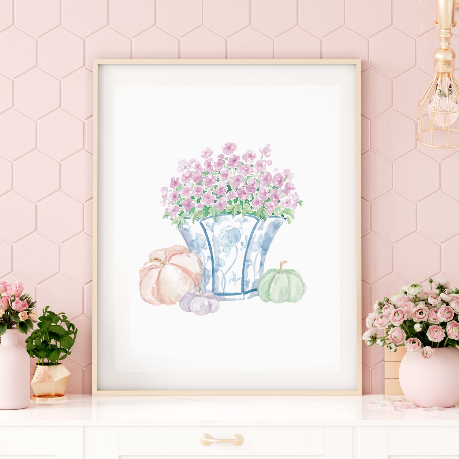 Ginger Jar with Mums and Pumpkins Watercolor Art Print — Simply Jessica Marie | Simply Jessica Marie