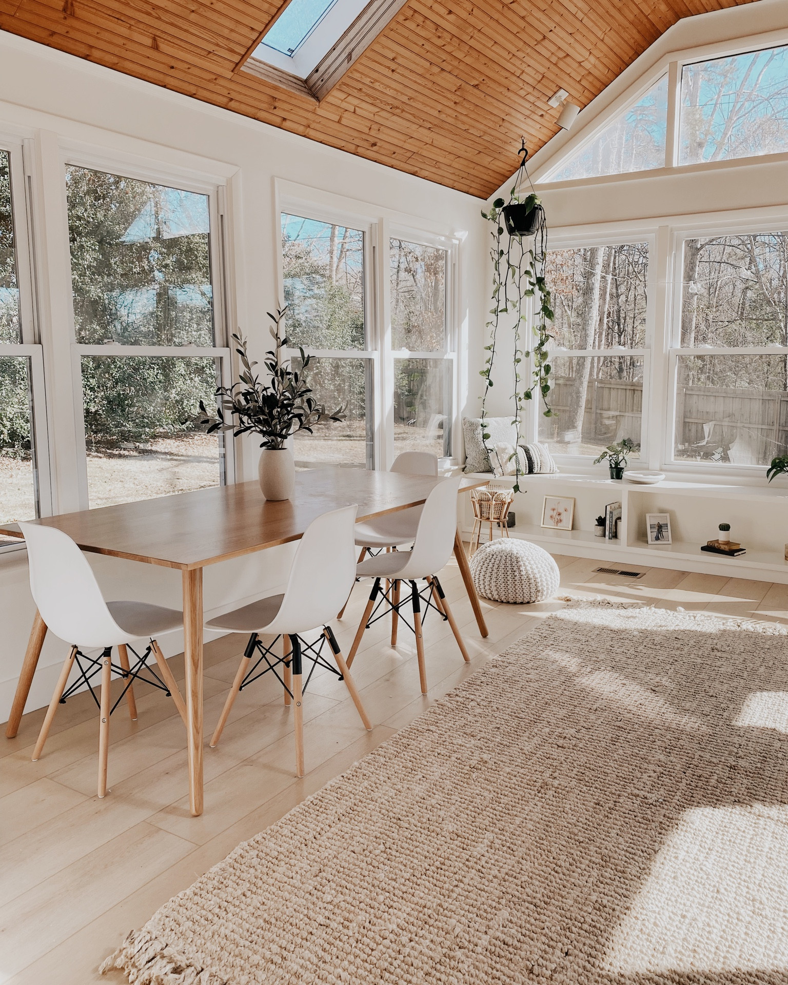 Sunroom, Sunroom Decor, Neutral Sunroom, White Sunroom, Neutral Decor, Wooden Table, White Mid-Century Modern Chairs, Jute Rug, Hanging Plants, Bohemian Ottoman, Boho Room, Shelf Styling, Shelf Decor, Table Centerpiece, Rugs USA, Bench Pillows 

#LTKFind #LTKunder50 #LTKhome