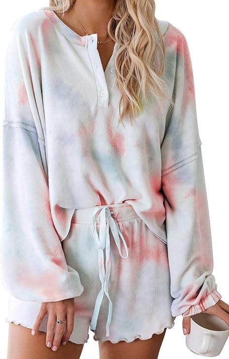 Womens Lounge Sets 2 Piece Pajamas Set Long Sleeve Tops and Shorts Sleepwear Tie Dye Printed Nigh... | Amazon (US)