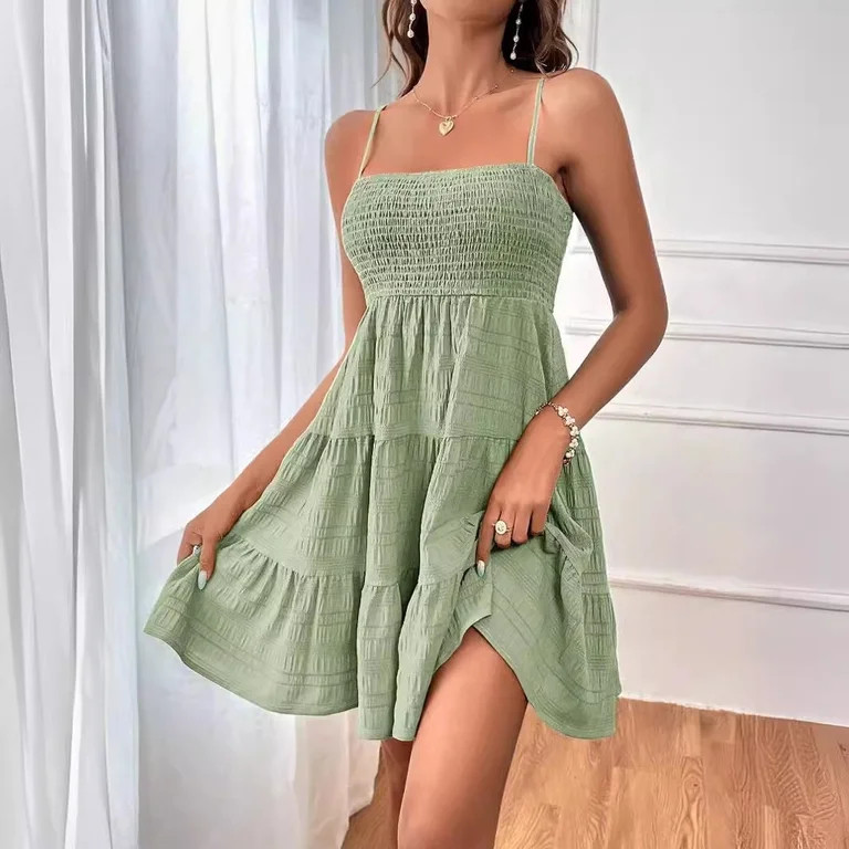 Women's summer new one line neckline thin suspender solid color versatile texture dress | Walmart (US)
