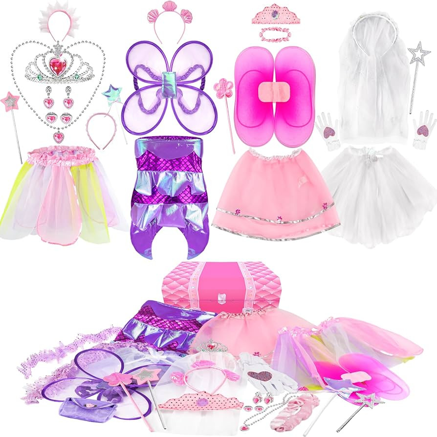 Jeowoqao Girls Dress Up Costume Set, Fairy and Mermaid Role Play Dress-up Trunk with Accessories ... | Amazon (US)