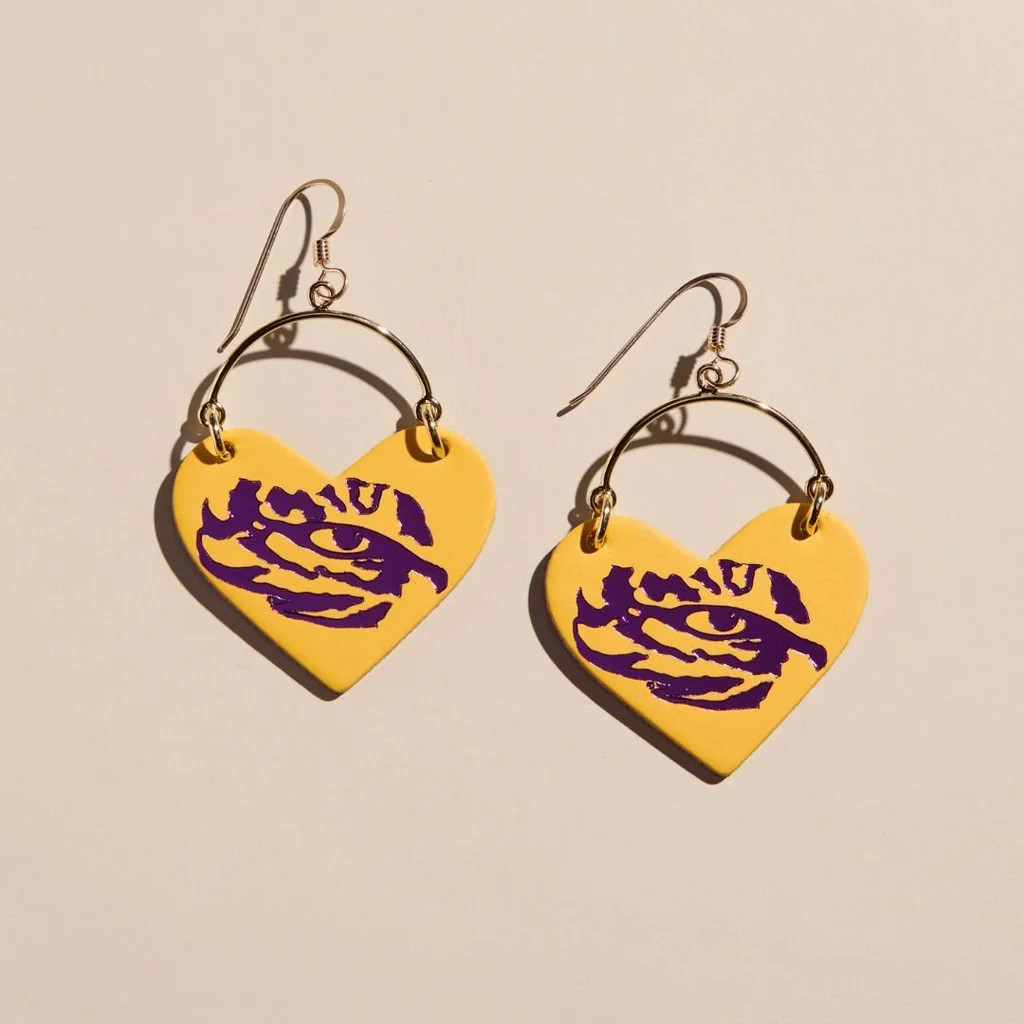 Gold LSU Tigers Eye Lover Heart Hoop Earrings | Nickel and Suede