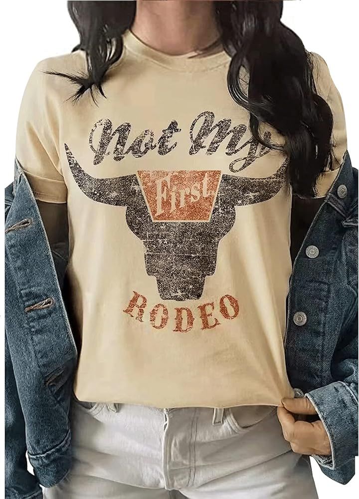 Anbech Womens Western Graphic Cowgirls Shirt Not My First Rodeo Print Tops Short Sleeve Cowboy To... | Amazon (US)