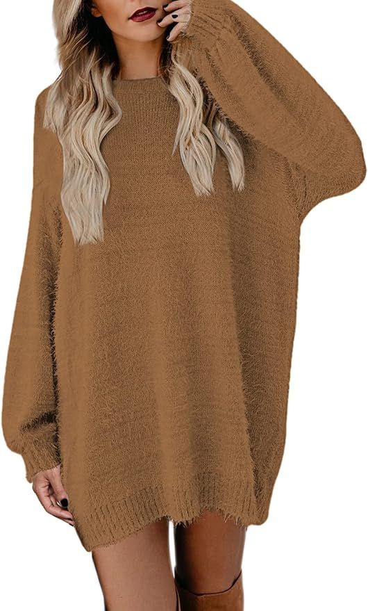 Meenew Women's Furry Crewneck Oversized Loose Long Pullover Sweater Dress | Amazon (US)