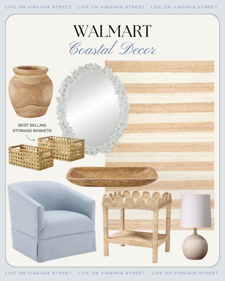 Loving these Walmart coastal decor finds! So perfect for spring and summer! Includes this neutral striped jute rug, light blue armchair, coral mirror, wood vase, scalloped side table, round wood lamp, cane style baskets, and a wood dough bowl!
.
#ltkhome #ltkfindsunder50 #ltkfindsunder100 #ltkstyletip #ltkseasonal #ltksalealert living room decor, coastal family room ideas, preppy decor, serene decorating 

#LTKSeasonal #LTKhome #LTKfindsunder50