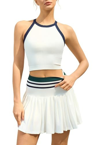 QINSEN Women's Tennis Skirt Set Ribbed Knit Padded Tank Top High Waisted Pleated Golf Skirt 2 Piece Workout Outfits White M | Amazon (US)