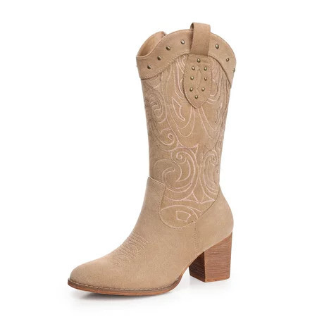 FAMITION Cowboy Boots for Women Pointed Toe Pull-On Cowgirl Boots Mid Calf Western Embroidered Booties Beige 8 | Walmart (US)