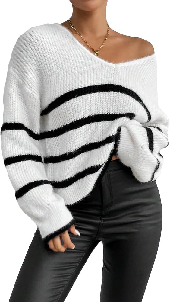 SHENHE Women's V Neck Ribbed Knit Long Sleeve Drop Shoulder Pullover Sweater Tops | Amazon (US)