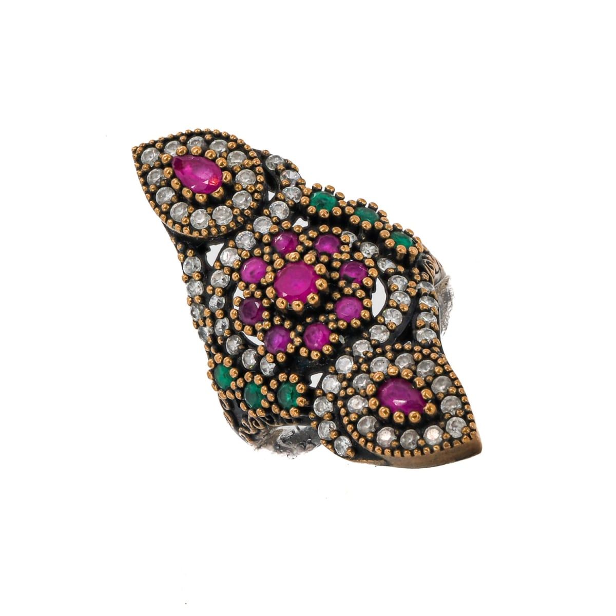 Vintage Style Floral Ruby & Jade Gemstone Chunky Ring - Pink | Wolf & Badger (US)