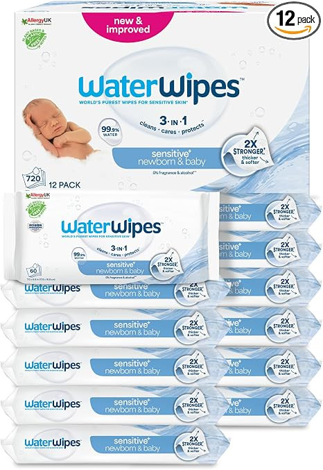 WaterWipes Sensitive+ Newborn & Baby Wipes, 720 Count (12 Packs), 3-In-1 Cleans, Cares, Protects,... | Amazon (UK)