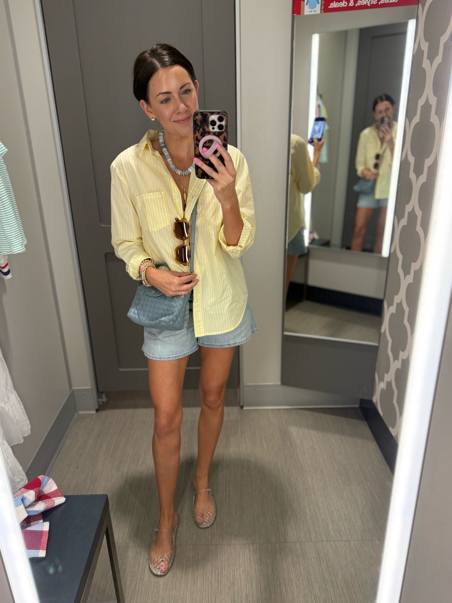 OOTD that feels like sunshine ☀️🩵 on sale!!! 
Small button up
Size 2 in shorts
Jelly mules run tts

#LTKootd #LTKSeasonal #LTKSaleAlert