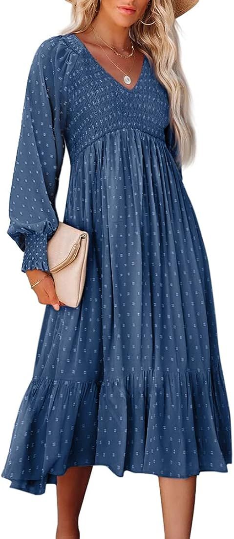 Womens V Neck Long Sleeve Dress Smocked Ruffle Swiss Dot Babydoll Maxi Dress with Smocked Cuffs | Amazon (US)