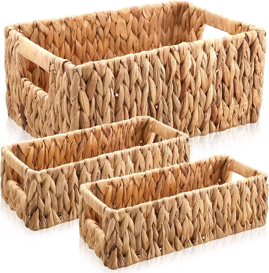 Uiifan 3 Pieces Water Hyacinth Storage Baskets Square Wicker Baskets Woven with Built in Handles ... | Amazon (US)