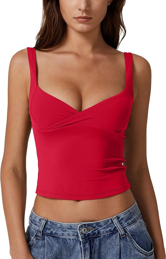 QINSEN Women's V Neck Tank Tops Double Lined Adjustable Strap Camisole Shirt | Amazon (US)