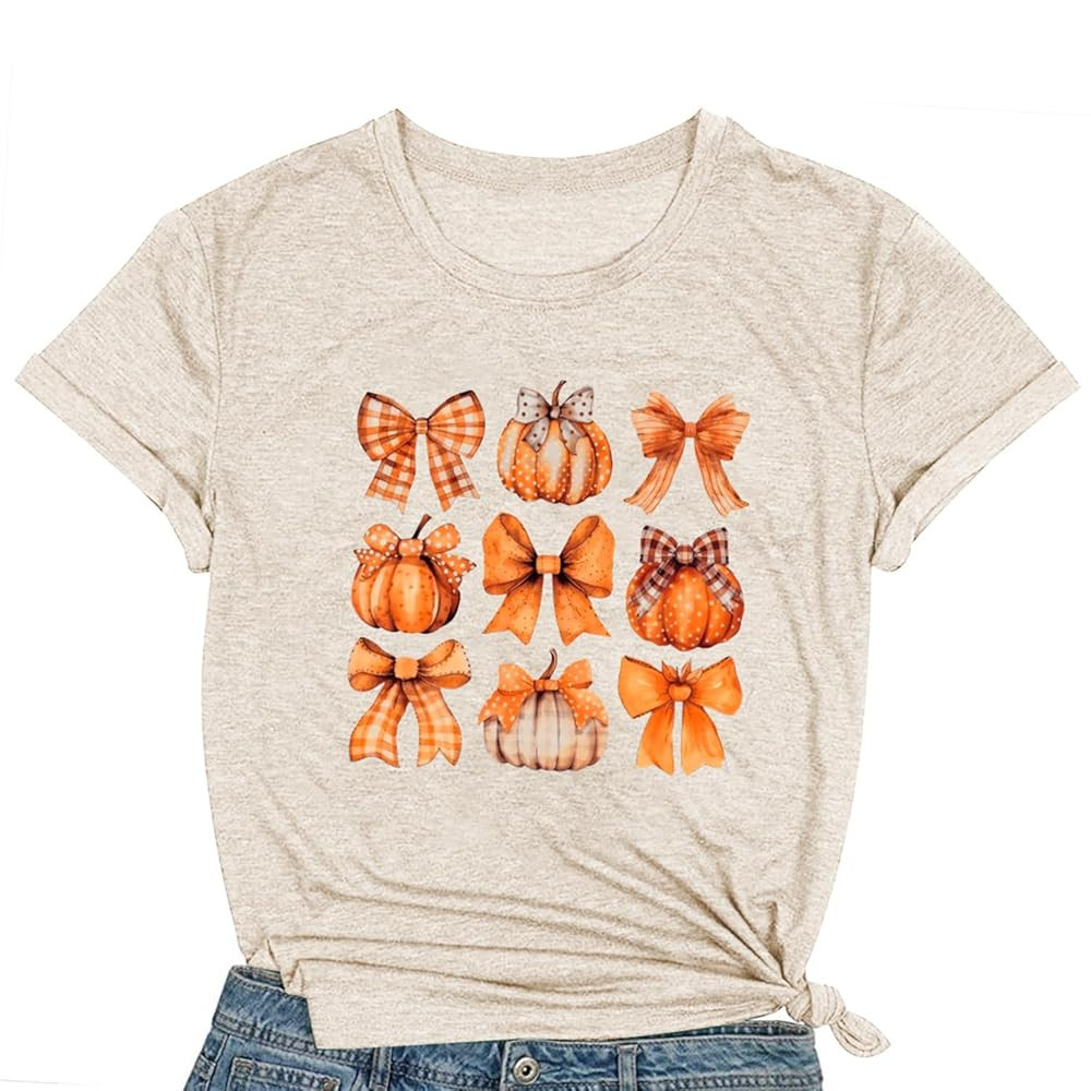 Women Halloween Pumpkin Shirt Coquette Bow Pumpkin Print T-Shirt Halloween Fall Tee Tops | Amazon (US)